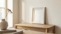 Minimalist wooden desk with drawer in bright modern interior room with white frame and ceramic vase for home office workspace design.