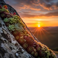 Colorful succulent plants growing on rocky cliff face during golden hour sunset with dramatic sky and sun rays creating natural garden landscape composition.