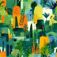 Vibrant tropical forest pattern with abstract shapes in green, orange and yellow tones featuring stylized palm trees, ferns and exotic plants. Seamless repeat for fabric.