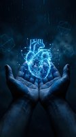 Hands holding glowing digital heart with circuit board patterns and data streams in dark blue environment for healthcare technology and medical innovation concepts.