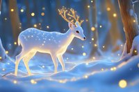 Magical white deer with glowing antlers walking through snowy winter forest at night, surrounded by sparkling lights and mystical blue atmosphere.