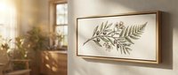 Elegant botanical line art with delicate fern leaves and berries in wooden frame on modern wall for home decor and interior design projects.