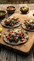 Shredded beef tacos with fresh toppings, diced tomatoes, onions, cilantro, and lime on rustic wooden surface with traditional condiment bowls.