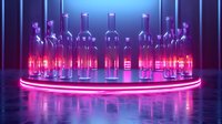 Empty glass wine bottles arranged in circle on illuminated round platform with neon pink and blue lighting creating modern nightclub atmosphere, reflective surface.