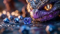 Dragon eye with glowing amber iris watching blue dice on dark surface with magical bokeh lights, fantasy gaming concept for tabletop RPG and board games.
