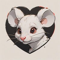 Adorable white mouse portrait in heart-shaped frame, featuring large expressive eyes, pink nose, and detailed whiskers on neutral background. For greeting cards and prints.