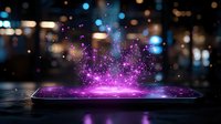 Magical purple light and sparkles emerging from smartphone screen on dark background with bokeh lights, creating mystical digital transformation effect.