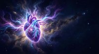 Glowing human heart with electric lightning energy surrounded by cosmic nebula clouds and stars in deep space for medical and science concepts.