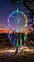 Glowing dreamcatcher with LED lights hanging from tree branch at twilight with colorful feathers and beads creating magical atmosphere for spiritual decor.