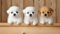Three adorable puppies, two white Maltese and one brown mixed breed, peeking over wooden shelf edge with paws hanging down, against natural wood background.