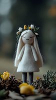Handmade felt doll with white knitted dress and floral crown standing among pine cones and yellow flowers, eyes closed in peaceful expression on dark background.