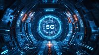 Futuristic blue tunnel with glowing 5G symbol in center surrounded by digital elements and circuit patterns, representing next-generation wireless technology and connectivity.