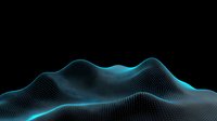 Futuristic digital landscape with glowing turquoise wireframe terrain on black background, flowing dots create abstract mountain topography visualization.