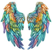 Colorful angel wings in turquoise, orange and purple tones on white background. Detailed feathers create magical fantasy design for apparel, tattoo art and decoration.