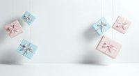 Wrapped gift boxes with pastel blue and pink bows arranged on white surface, isolated for design, greeting cards, holiday promotions, and festive marketing materials.