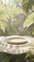 Minimal beige round podium on a soft surface with fern leaf shadows, set in a dreamy green botanical scene for product display.