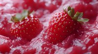 Fresh ripe strawberries with water droplets on vibrant pink background, ideal for food and beverage marketing materials.