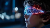 Young boy wearing futuristic glowing glasses with digital network effect overlay against dark background with bokeh lights, concept of virtual reality.