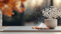 White ceramic cup with delicate baby's breath flowers on gray textile surface against blurred autumn background, creating serene minimalist composition.