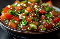Fresh diced tomatoes mixed with chopped herbs, onions and seasonings in rustic ceramic bowl, garnished with parsley and olive oil dressing.