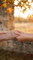 Elderly and young hands holding together in warm golden sunlight outdoors showing intergenerational love, care and family connection in autumn setting.