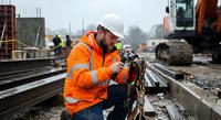 Construction worker in orange safety vest and hard hat welding steel rails on railway track with heavy machinery and crew in industrial site background.