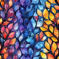 Vibrant seamless pattern with colorful abstract leaves in blue, orange, purple and red tones, featuring watercolor textures and flowing organic shapes. Pattern repeats.