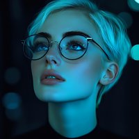 Young Caucasian woman with short platinum blonde hair and glasses in dramatic cyan blue lighting against dark background with bokeh effects, looking upward with parted lips.