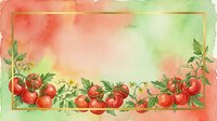 Watercolor tomato border with red ripe fruits and green foliage on coral and sage gradient background, isolated design element for culinary projects, recipe cards, and food packaging.