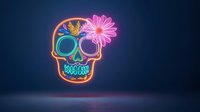 Glowing neon skull with pink daisy flower decoration on dark blue background, sugar skull style design with vibrant multicolored outline for Halloween decor.