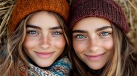 Two young Caucasian women wearing colorful knit beanies smiling warmly at camera with natural makeup and cozy winter accessories against rustic background.
