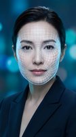 Asian businesswoman with facial recognition grid overlay for biometric security and artificial intelligence technology applications in corporate environment.