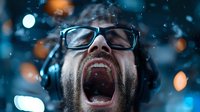 Young bearded Hispanic man in glasses screaming with headphones against blue bokeh background with falling snow, expressing intense emotion and joy.