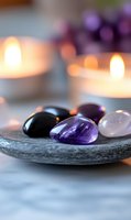 Healing crystals and glowing candles on stone plate create serene spa atmosphere. Amethyst, rose quartz and black obsidian stones with soft candlelight bokeh effects.
