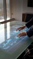 Businessman using interactive touchscreen table with digital interface and data visualization in modern office environment for presentations and meetings.