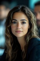 Young professional woman with wavy blonde hair and natural makeup in modern office environment for business and corporate communications.