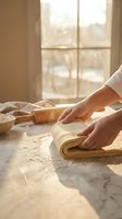 Woman hands kneading fresh dough on floured marble counter in warm sunlit kitchen for homemade bread baking and cooking preparation.