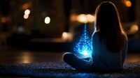 Young woman sitting cross-legged holding glowing blue magical energy orb with sparkling particles in dark atmospheric setting for fantasy concepts.
