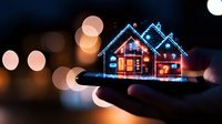 Glowing holographic smart home concept displayed on mobile phone with bokeh lights in dark background, showing digital house automation technology.