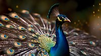 Majestic male peacock displaying vibrant blue and green plumage with ornate tail feathers spread in full courtship pose against blurred natural background.
