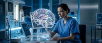 Female healthcare professional examining holographic brain model in modern medical facility with advanced technology and digital displays.