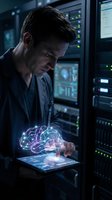 Male IT professional, Caucasian, middle-aged, wearing dark business attire, interacting with holographic brain visualization on digital tablet in server room environment with illuminated equipment.