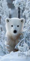 Adorable polar bear cub peeking through frost-covered evergreen branches in snowy winter forest landscape with white fur and curious expression.