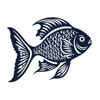 Decorative fish silhouette with detailed scale pattern and flowing fins in navy blue monochrome style, isolated on white background for logo design and prints.