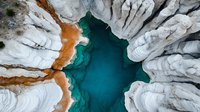 Aerial view of natural rock formation with turquoise water pool surrounded by white limestone cliffs and orange mineral deposits creating abstract patterns.