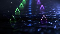 Glowing geometric triangular shapes in green, blue and purple colors floating above dark reflective surface with starry background creates futuristic abstract composition.