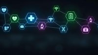 Connected hexagonal network with glowing medical and healthcare icons on dark background for digital health technology concepts and telemedicine applications.