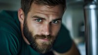 Dramatic portrait of bearded Caucasian man in green sweater with intense gaze and moody lighting creating atmospheric emotional headshot for commercial advertising.