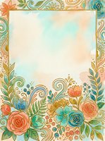 Watercolor floral border frame with roses, leaves and gold swirls on soft pastel background, copy space for text, greeting card design.