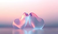 Glowing translucent hearts with soft pink and blue gradient illumination against dreamy pastel sunset background, romantic mood lighting creates ethereal atmosphere.